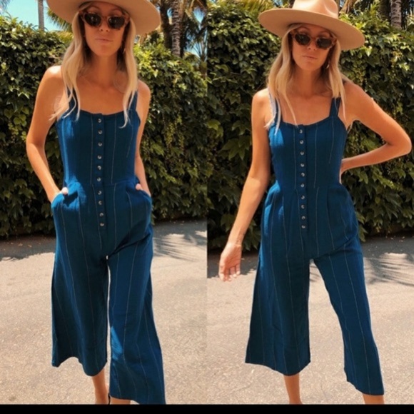 Billabong Paint The Town Wide-leg Button-Down Cropped Jumpsuit in Blue Stripe, M - Picture 4 of 14